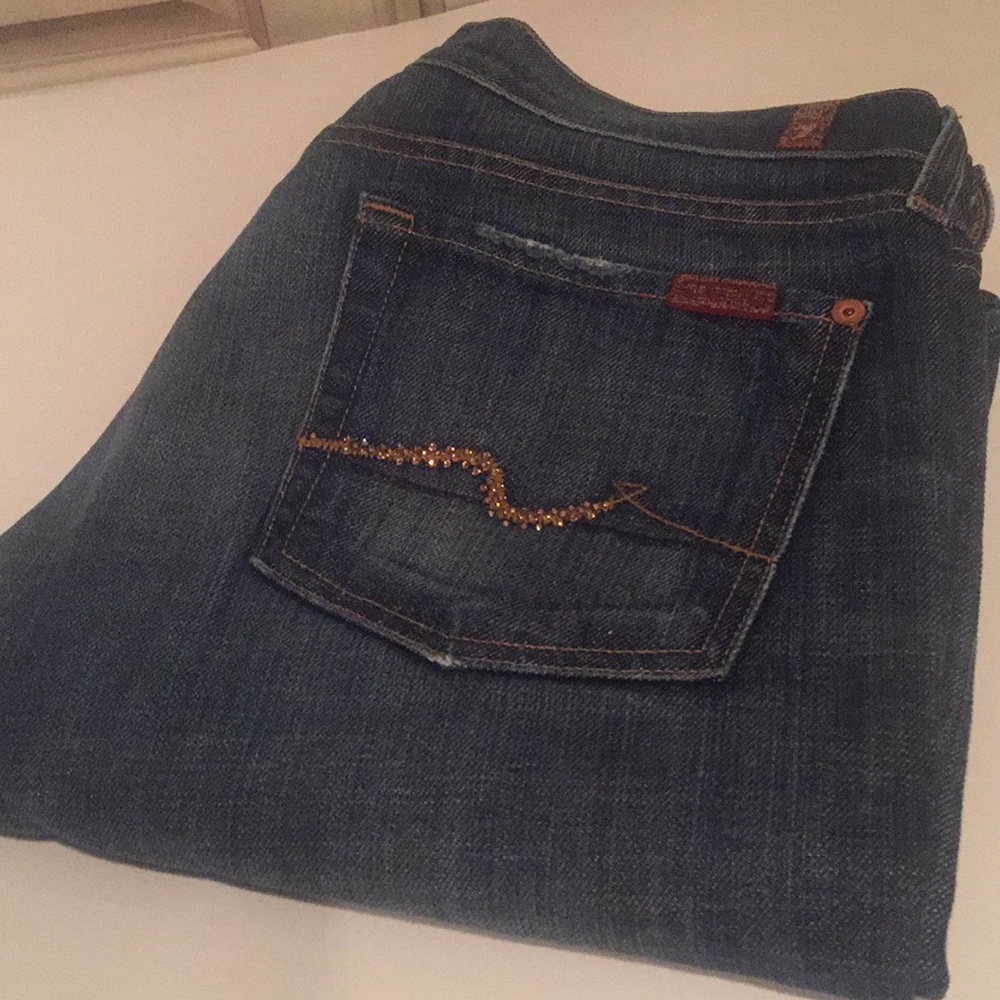 7 For All Mankind Women's Boot Cut Jeans - Dark Blue with Bronze Stitching